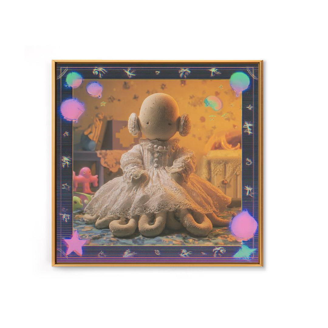 The Doll From Beyond The Void, Cosmic Synthwave Horror, Square Wall Art, Framed Canvas Print, Retro Halloween Decor, Neon Wall Art