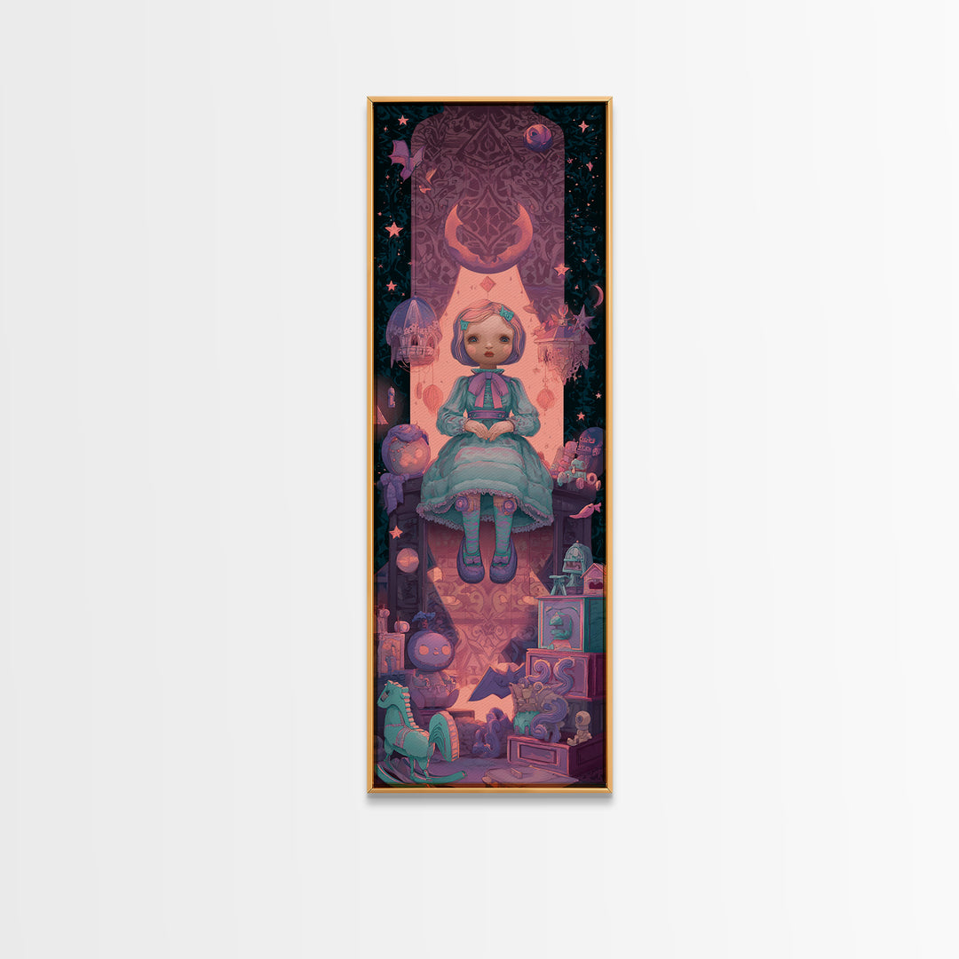 The Doll From Beyond The Void, 80s Halloween Wall Art, Tall Narrow Wall Art, Canvas Print, Retro Halloween Decor, Neon Wall Art