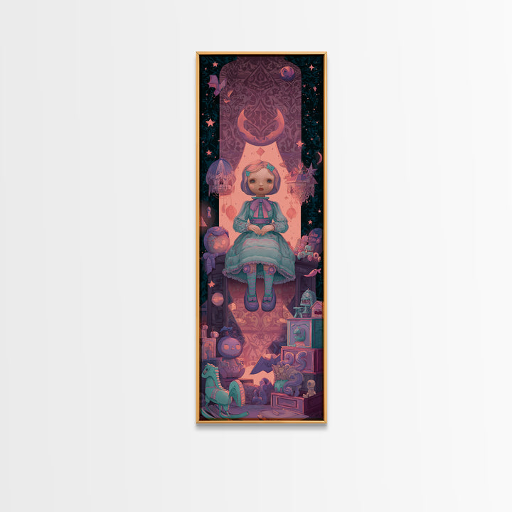 The Doll From Beyond The Void, 80s Halloween Wall Art, Tall Narrow Wall Art, Canvas Print, Retro Halloween Decor, Neon Wall Art
