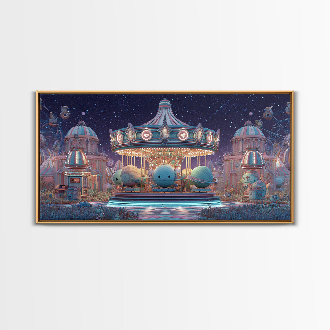 The Carousel Of Sleeping Planets, Retro Neon Halloween Art, Wide Panoramic Art, Canvas Print, Retro Halloween Decor, Neon Wall Art