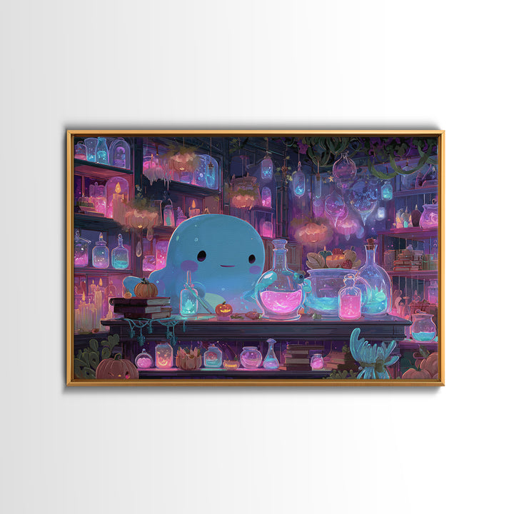 The Apothecary Of Black Seashell Dreams, Cosmic Synthwave Horror, Landscape Wall Art, Framed Canvas Print, Retro Halloween Decor