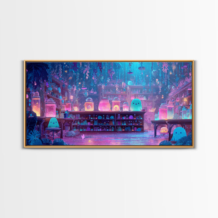 The Apothecary Of Black Seashell Dreams, Cute Eldritch Neon Art, Wide Panoramic Art, Canvas Print, Retro Halloween Decor, Neon Wall Art