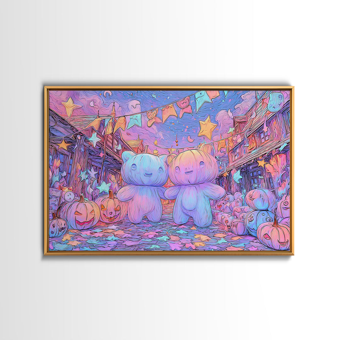 The Festival Of The Little Old Ones, Synthwave Halloween Art, Landscape Wall Art, Framed Canvas Print, Retro Halloween Decor, Neon Wall Art