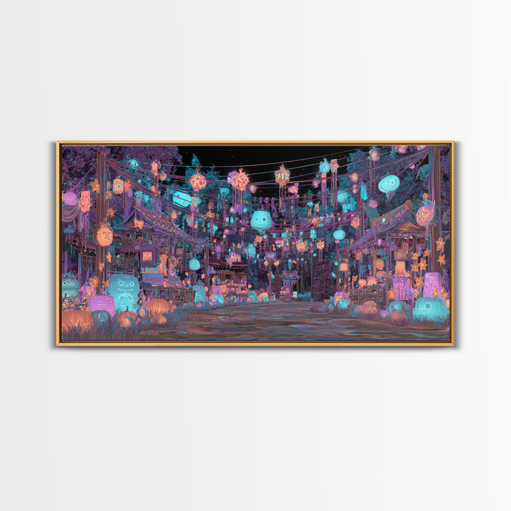 The Festival Of The Little Old Ones, Cute Eldritch Neon Art, Wide Panoramic Art, Canvas Print, Retro Halloween Decor, Neon Wall Art