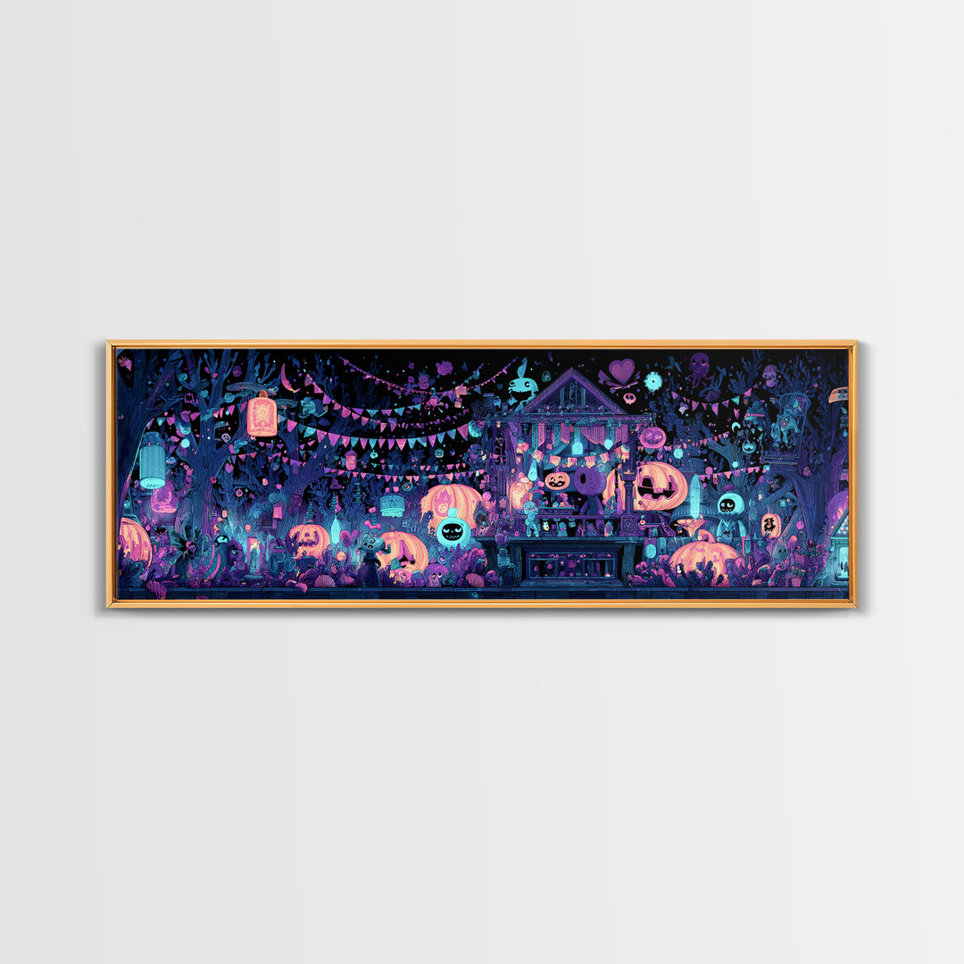 The Festival Of The Little Old Ones, Vaporwave Halloween Decor, Extra Wide Wall Art, Framed Canvas Print, Retro Halloween Decor