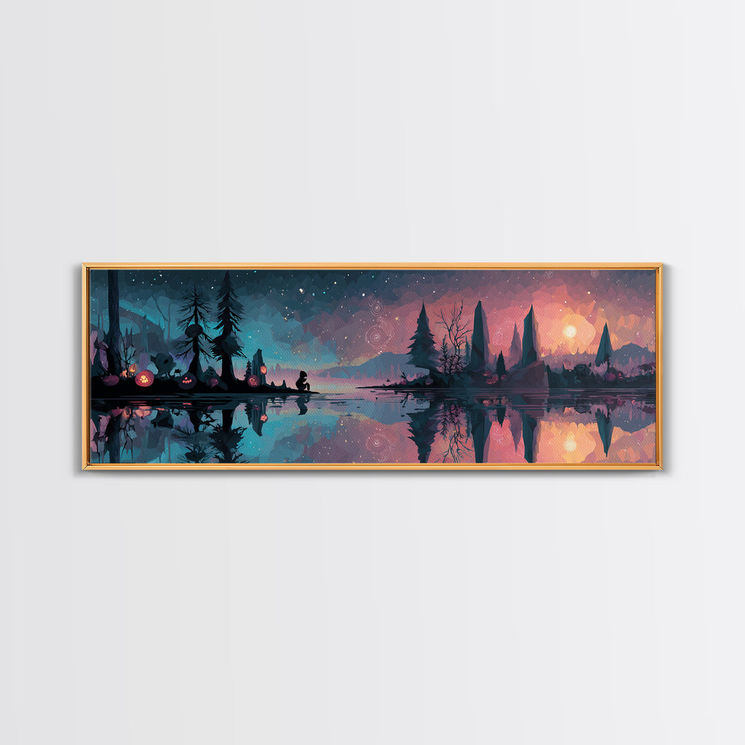 The Mirror Lake Of Lost Constellations, Cosmic Synthwave Horror, Extra Wide Wall Art, Framed Canvas Print, Retro Halloween Decor