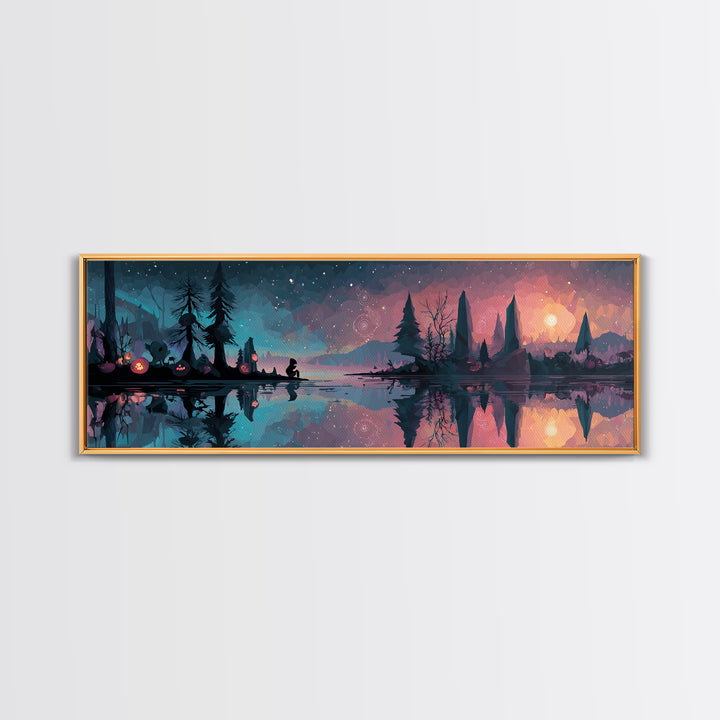 The Mirror Lake Of Lost Constellations, Cosmic Synthwave Horror, Extra Wide Wall Art, Framed Canvas Print, Retro Halloween Decor