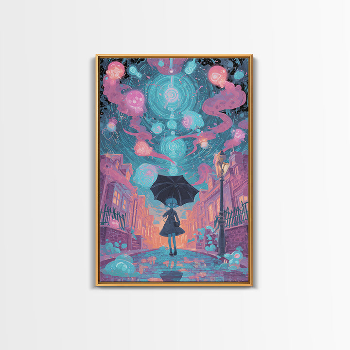 The Umbrella Of The Outer Rain, Retro Neon Halloween Art, Vertical Wall Art, Framed Canvas Print, Retro Halloween Decor, Neon Wall Art