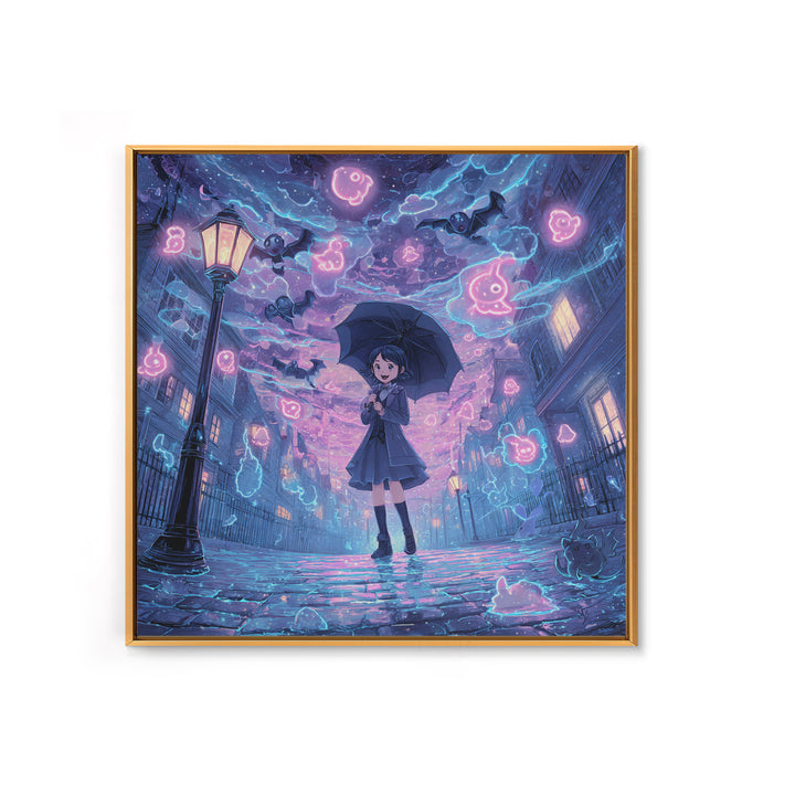The Umbrella Of The Outer Rain, Cute Spooky Neon Art, Square Wall Art, Canvas Print, Retro Halloween Decor, Neon Wall Art