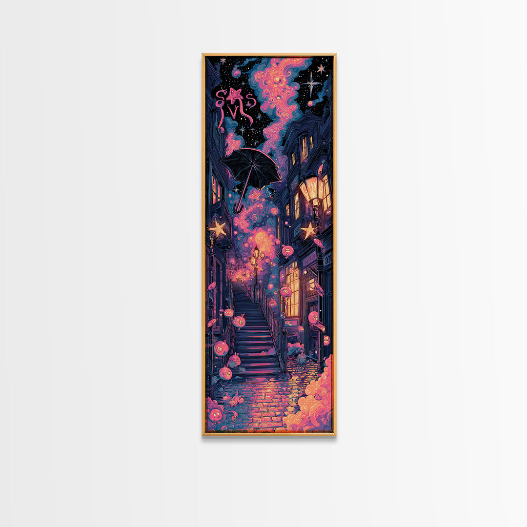 The Umbrella Of The Outer Rain, Cute Spooky Neon Art, Tall Narrow Wall Art, Canvas Print, Retro Halloween Decor, Neon Wall Art