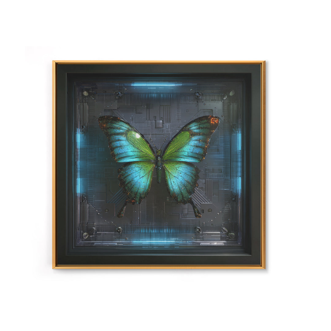Holographic Butterfly over Black Metal Surface Canvas Print, Cyberpunk Art, Japanese Art, Living Room Decor, Fine Art, Neon, CYB-1x1-19