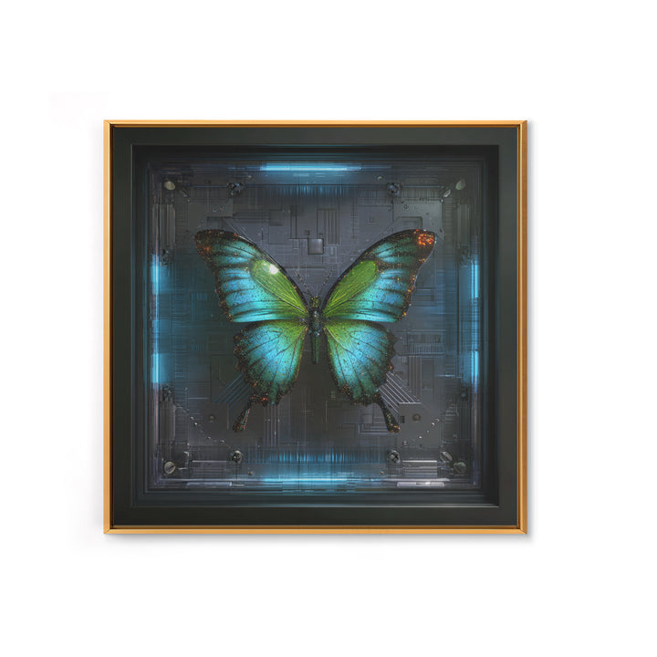 Holographic Butterfly over Black Metal Surface Canvas Print, Cyberpunk Art, Japanese Art, Living Room Decor, Fine Art, Neon, CYB-1x1-19
