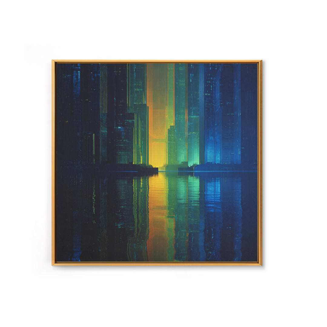 Neon Skyline Reflected Canvas Print, Cyberpunk Art, Man Cave Decor, Living Room Decor, Fine Art, Neon, Fine Art Print, CYB-1x1-22