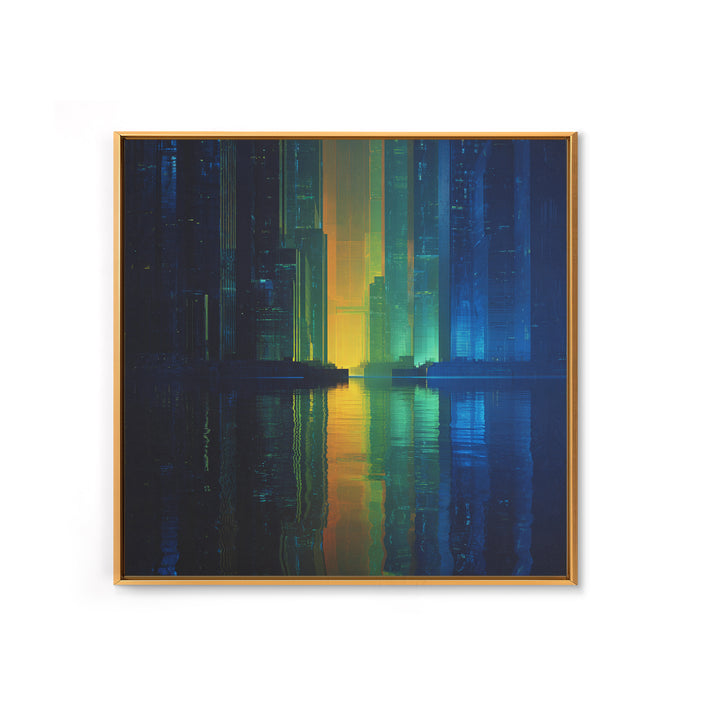 Neon Skyline Reflected Canvas Print, Cyberpunk Art, Man Cave Decor, Living Room Decor, Fine Art, Neon, Fine Art Print, CYB-1x1-22