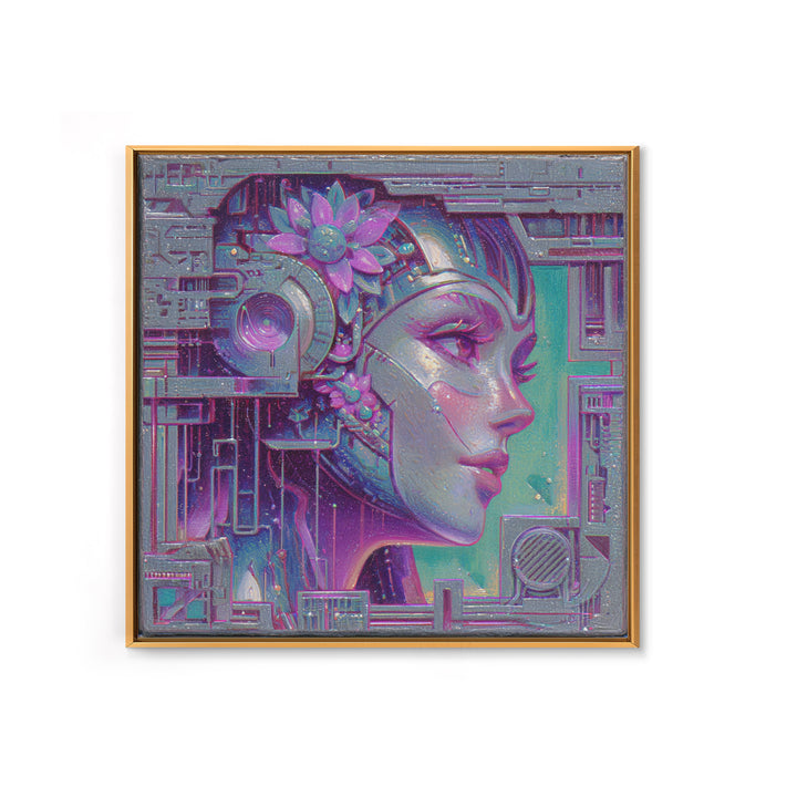 Android Woman with Glowing Circuitry and Flowers Canvas Print, Cyberpunk Art, Blue Wall Art, Living Room Decor, Neon, CYB-1x1-27