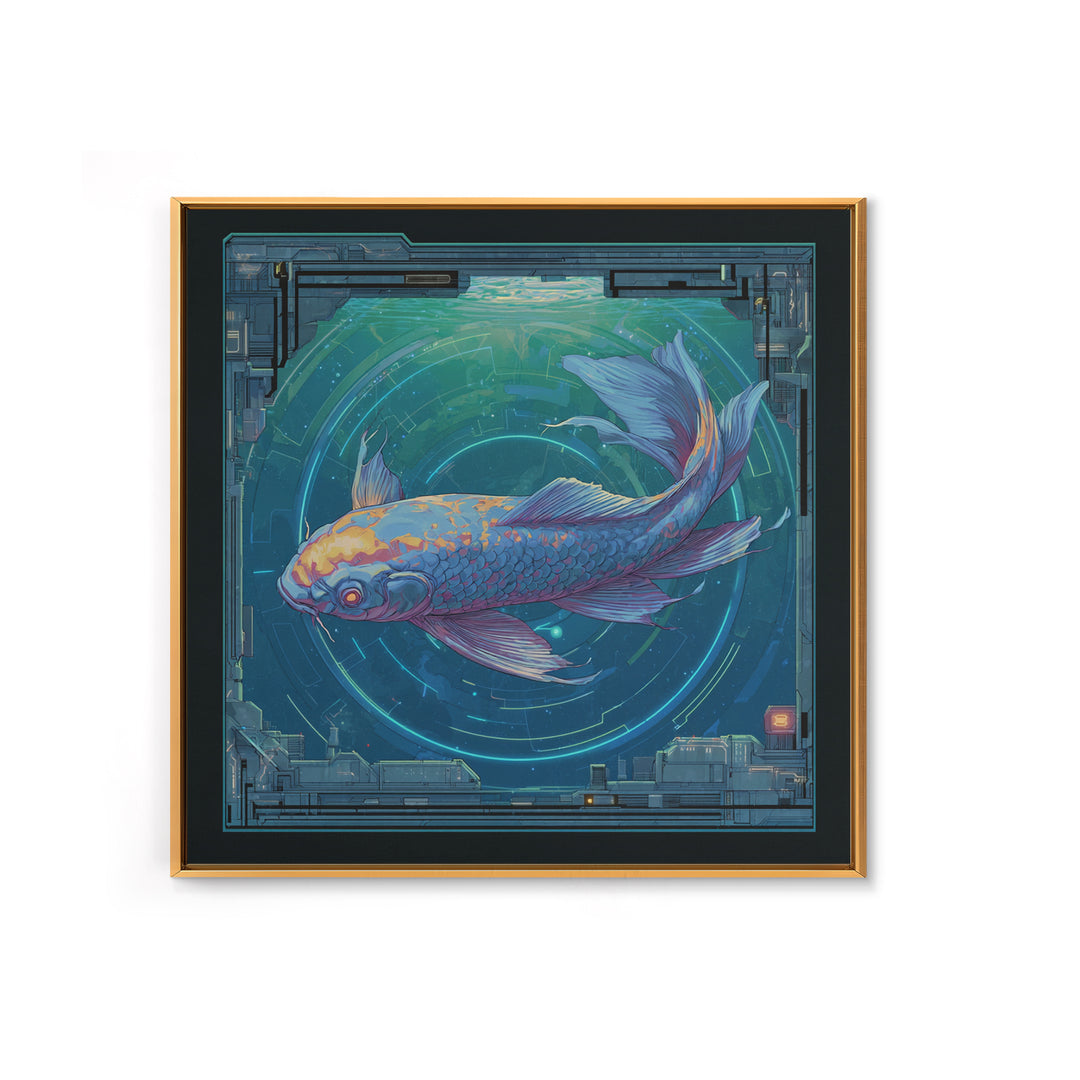 Cyberpunk Koi Swimming Through Electric Blue Water Canvas Print, Cyberpunk Art, Textured Painting, Living Room Decor, Neon, CYB-1x1-29