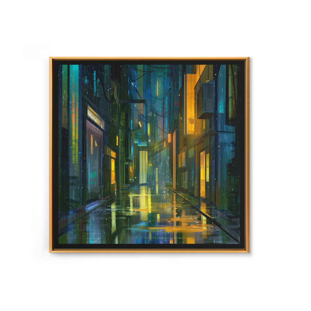 Rain Soaked Alley Framed Canvas Print, Cyberpunk Art, Gallery Decor, Living Room Decor, Fine Art, Neon, Wall Art, Home Decor, CYB-1x1-32