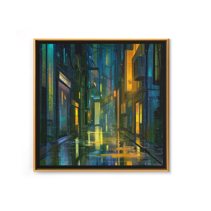 Rain Soaked Alley Framed Canvas Print, Cyberpunk Art, Gallery Decor, Living Room Decor, Fine Art, Neon, Wall Art, Home Decor, CYB-1x1-32