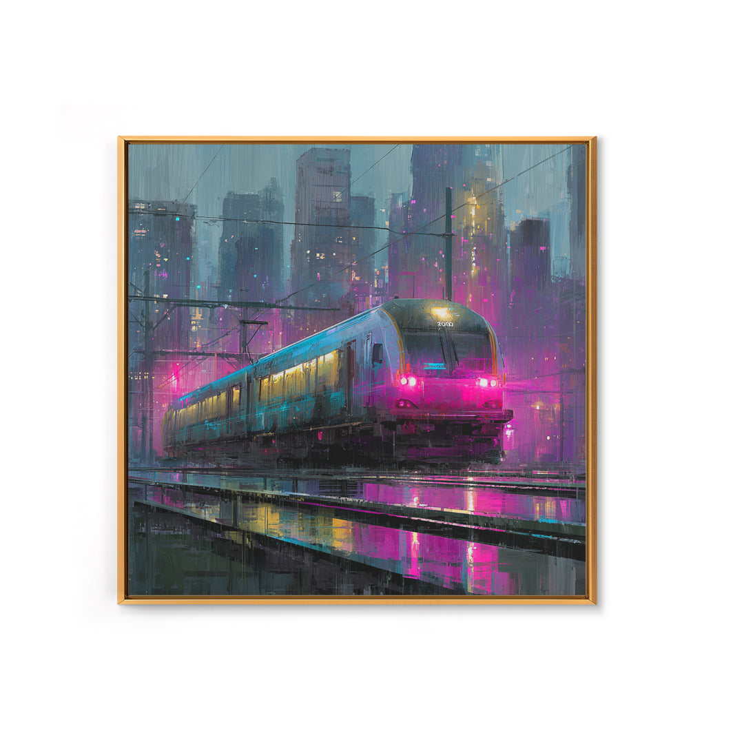 City Train Rushing Through Pink Electric Haze Framed Canvas Print, Cyberpunk Art, Boho Decor, Living Room Decor, Oil Painting, CYB-1x1-37