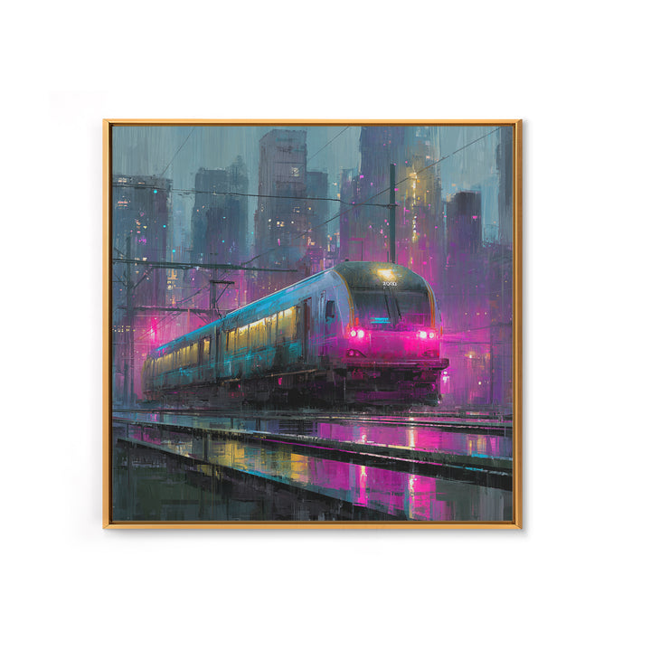 City Train Rushing Through Pink Electric Haze Framed Canvas Print, Cyberpunk Art, Boho Decor, Living Room Decor, Oil Painting, CYB-1x1-37
