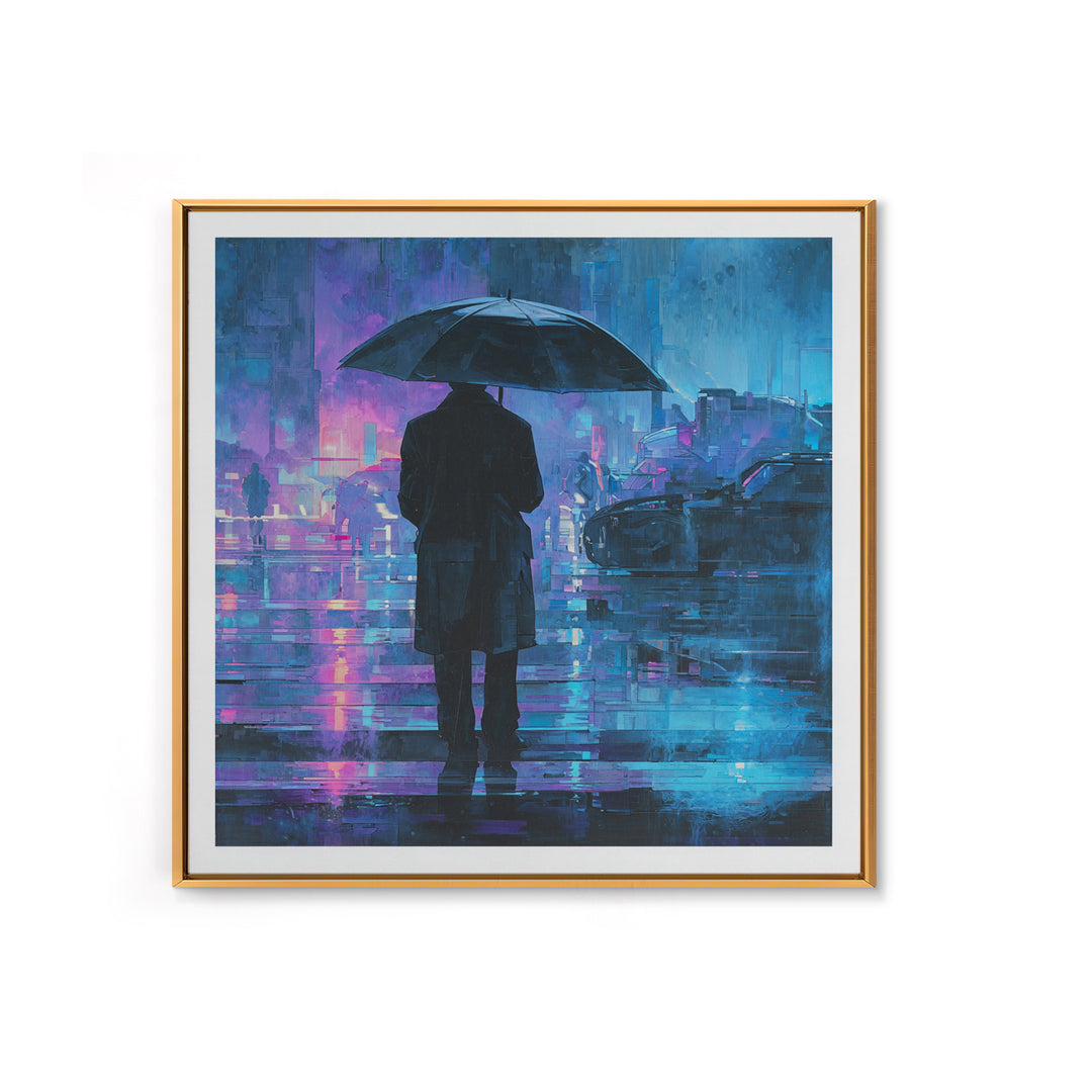 Glowing Umbrella Figure Framed Canvas Print, Cyberpunk Art, Cyberpunk Decor, Living Room Decor, Fine Art, Neon, Modern Decor, CYB-1x1-39