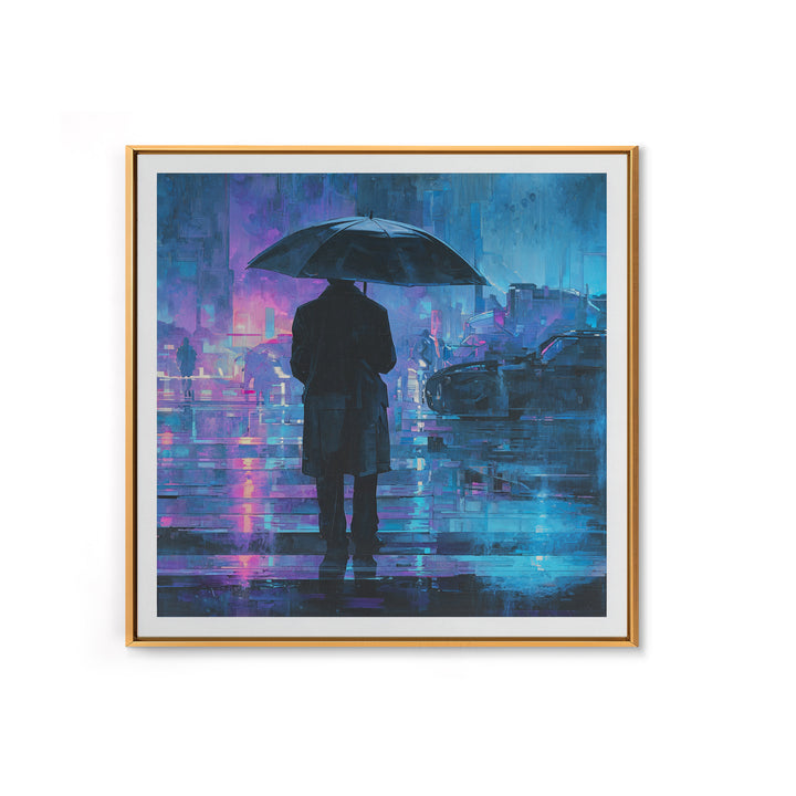 Glowing Umbrella Figure Framed Canvas Print, Cyberpunk Art, Cyberpunk Decor, Living Room Decor, Fine Art, Neon, Modern Decor, CYB-1x1-39