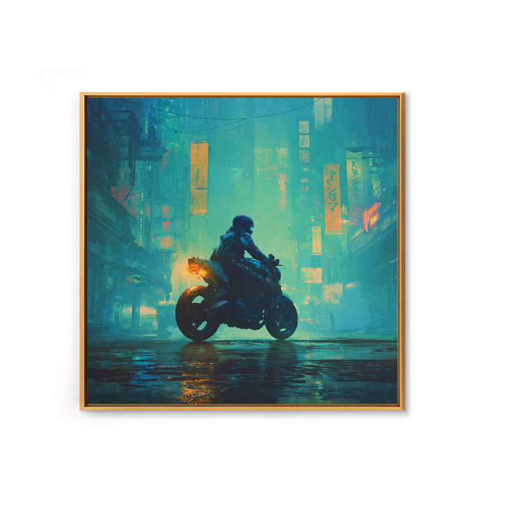 Motorcycle Rider under Holographic Signs Canvas Print, Cyberpunk Art, Home Decor, Living Room Decor, Neon, Japanese Wall Art, CYB-1x1-4