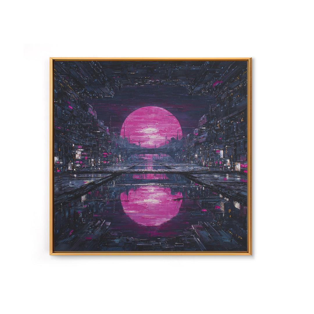 Dystopian Moon over Dense Rooftops Framed Canvas Print, Cyberpunk Art, Cyberpunk Helmet, Living Room Decor, Abstract Art, Neon, CYB-1x1-42