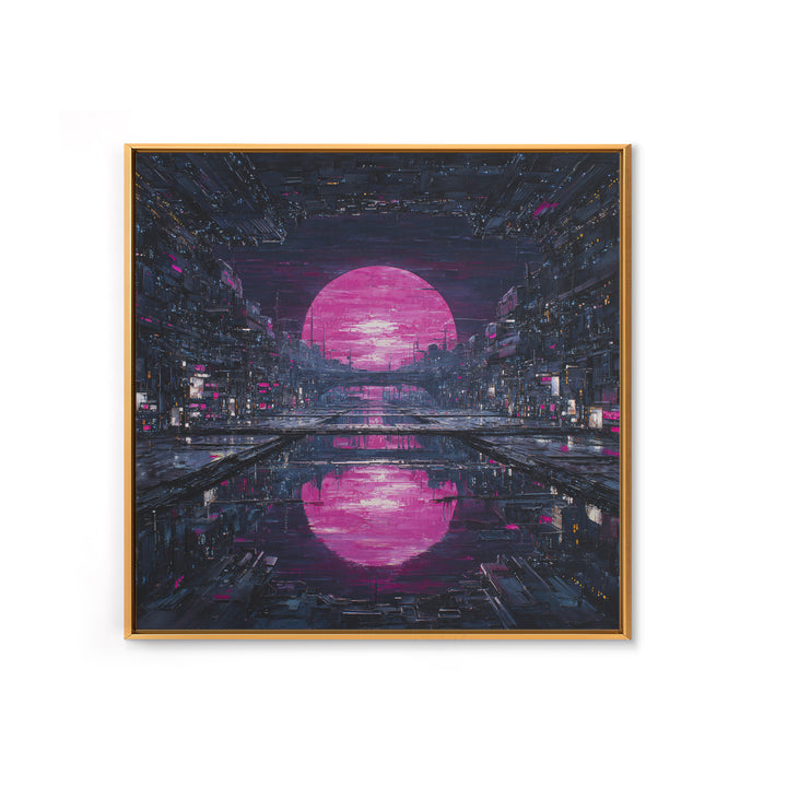 Dystopian Moon over Dense Rooftops Framed Canvas Print, Cyberpunk Art, Cyberpunk Helmet, Living Room Decor, Abstract Art, Neon, CYB-1x1-42
