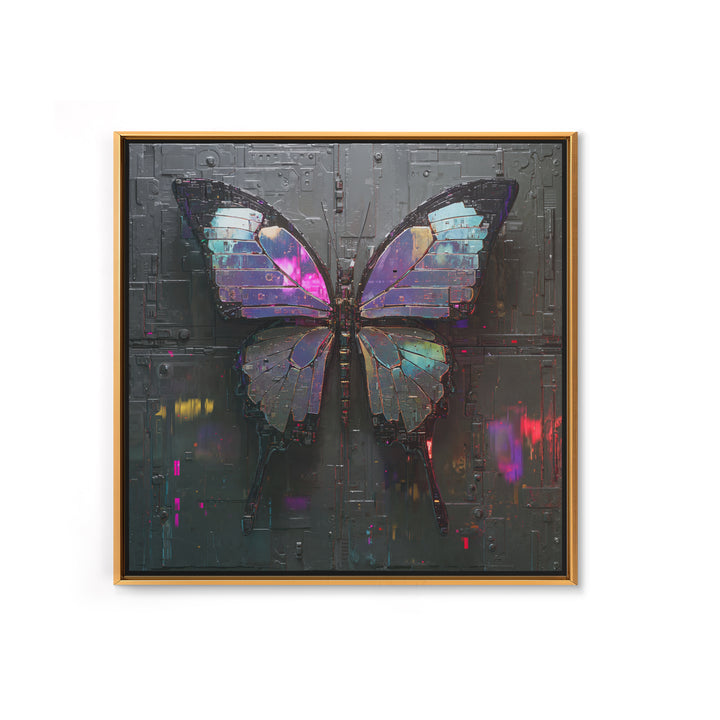 Holographic Butterfly over Black Metal Surface Framed Canvas Print, Cyberpunk Art, Man Cave Decor, Living Room Decor, Neon, CYB-1x1-43