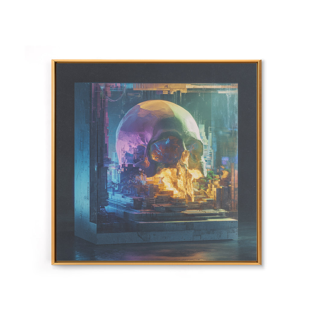 Cyberpunk Skull with Chrome and Violet Light Framed Canvas Print, Cyberpunk Art, Movie Posters, Living Room Decor, Neon, CYB-1x1-44