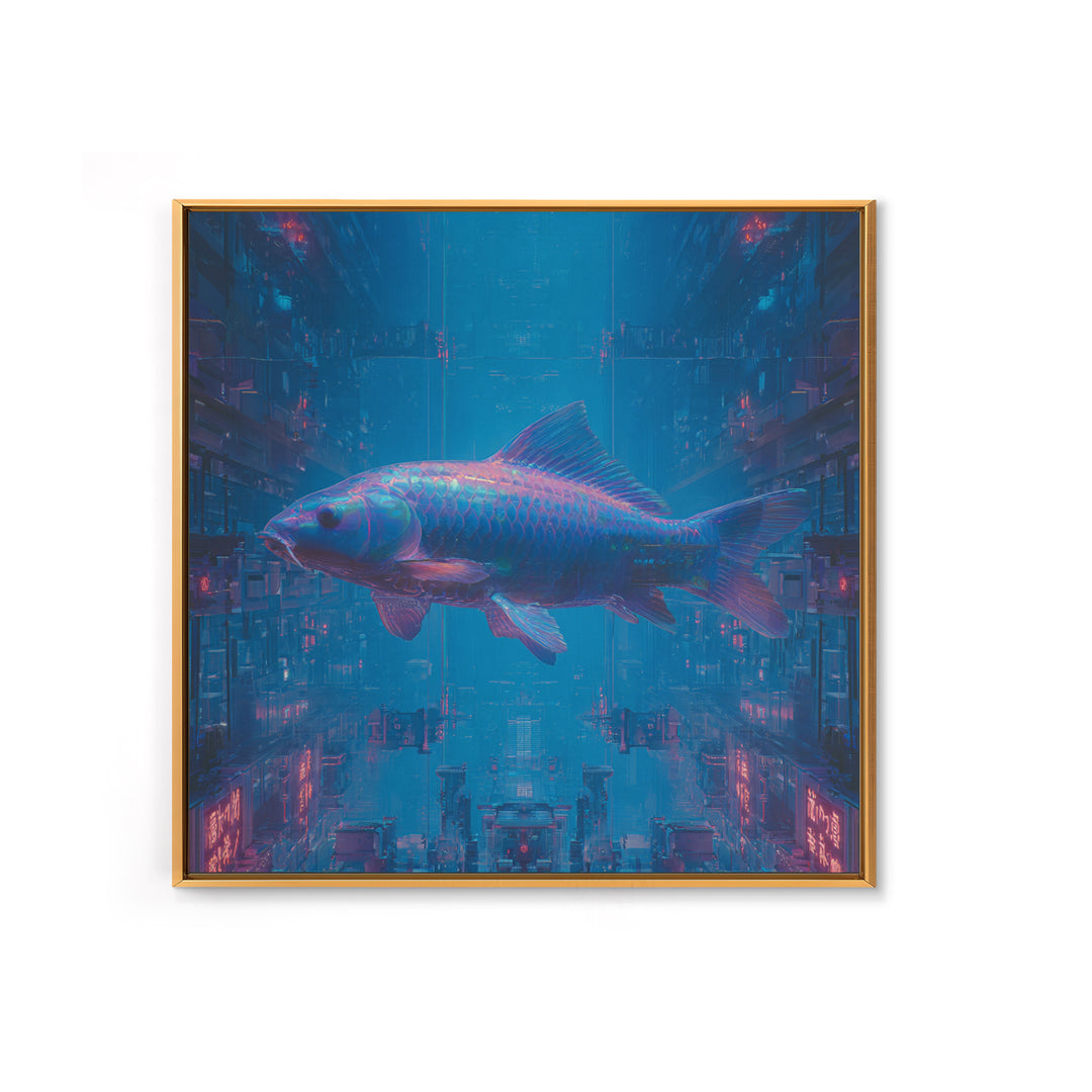 Cyberpunk Koi Swimming Through Electric Blue Water Canvas Print, Cyberpunk Art, Fine Art Print, Living Room Decor, Neon, CYB-1x1-5