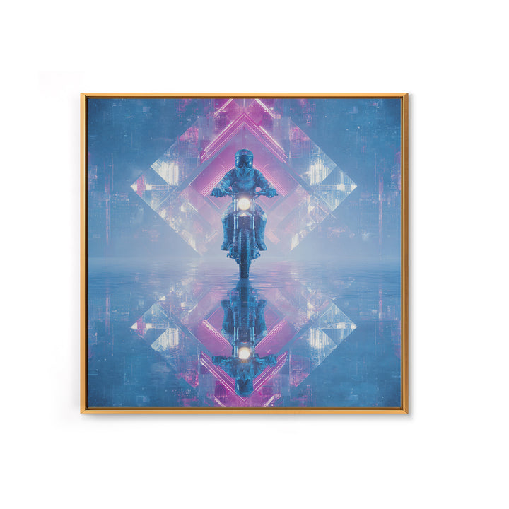Motorcycle Rider under Holographic Signs Framed Canvas Print, Cyberpunk Art, Cool Wall Art, Living Room Decor, Fine Art, Neon, CYB-1x1-52