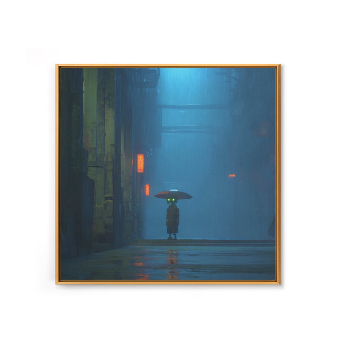 Glowing Umbrella Figure Framed Canvas Print, Cyberpunk Art, Neutral Decor, Living Room Decor, Fine Art, Neon, Home Decor, CYB-1x1-63