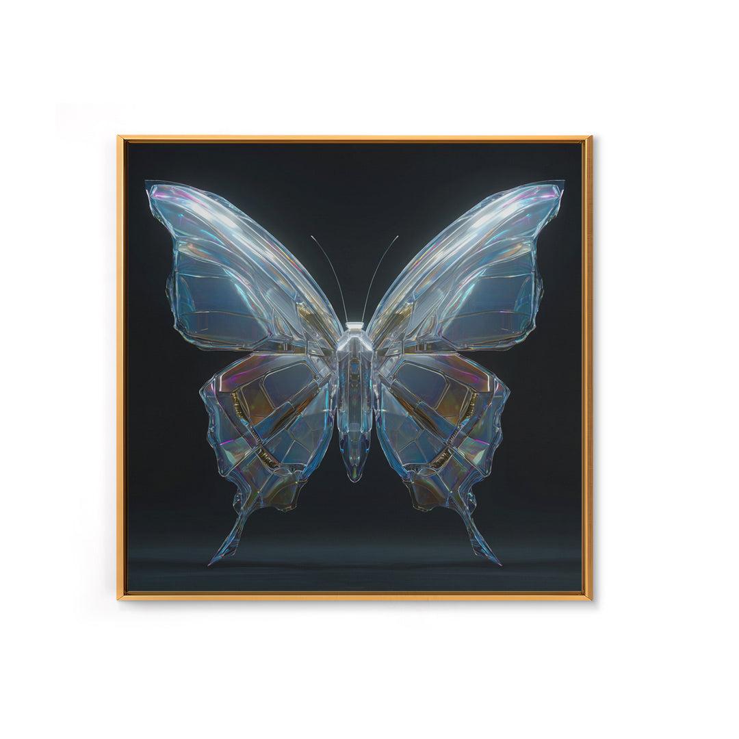 Holographic Butterfly over Black Metal Surface Framed Canvas Print, Cyberpunk Art, Modern Decor, Living Room Decor, Neon, CYB-1x1-67