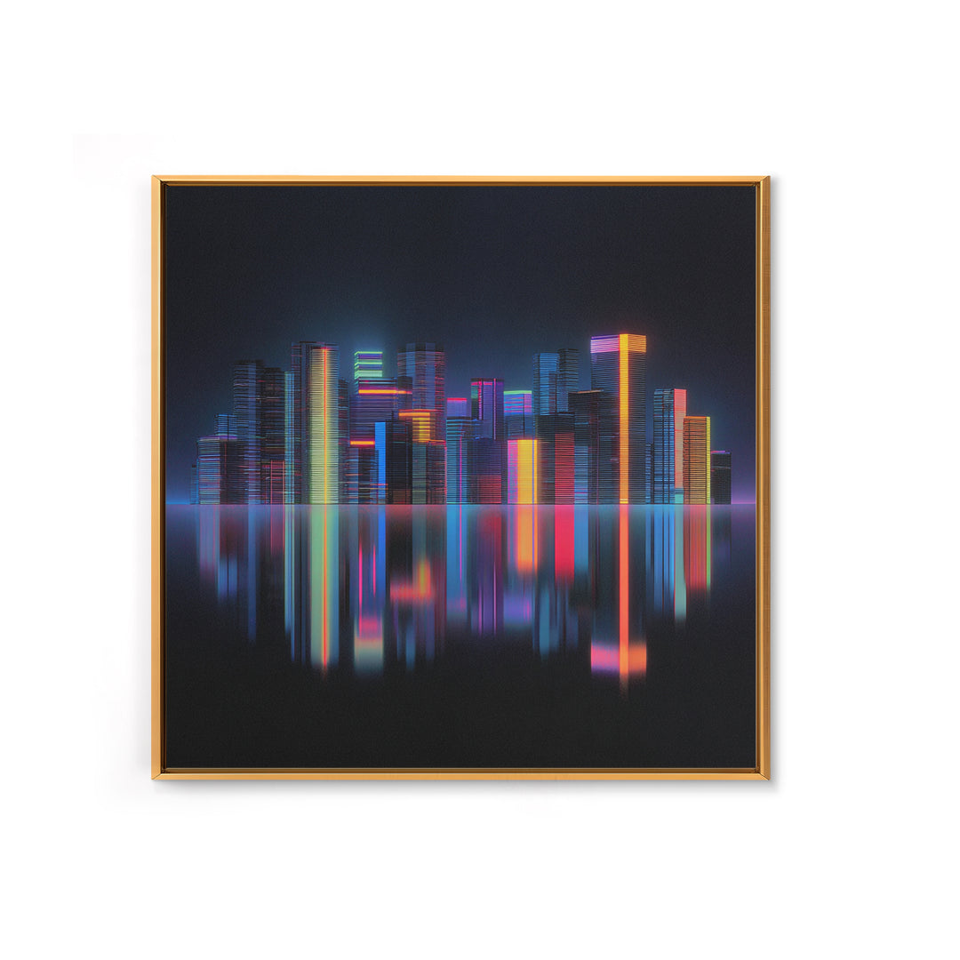 Neon Skyline Reflected Framed Canvas Print, Cyberpunk Art, Minimalist Poster, Living Room Decor, Fine Art, Neon, CYB-1x1-70