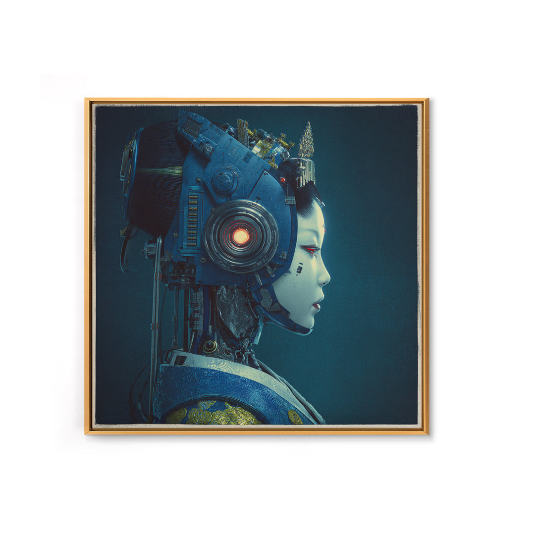 Robot Geisha Portrait Framed Canvas Print, Cyberpunk Art, Boho Decor, Living Room Decor, Fine Art, Neon, Art Print, Digital Art, CYB-1x1-79