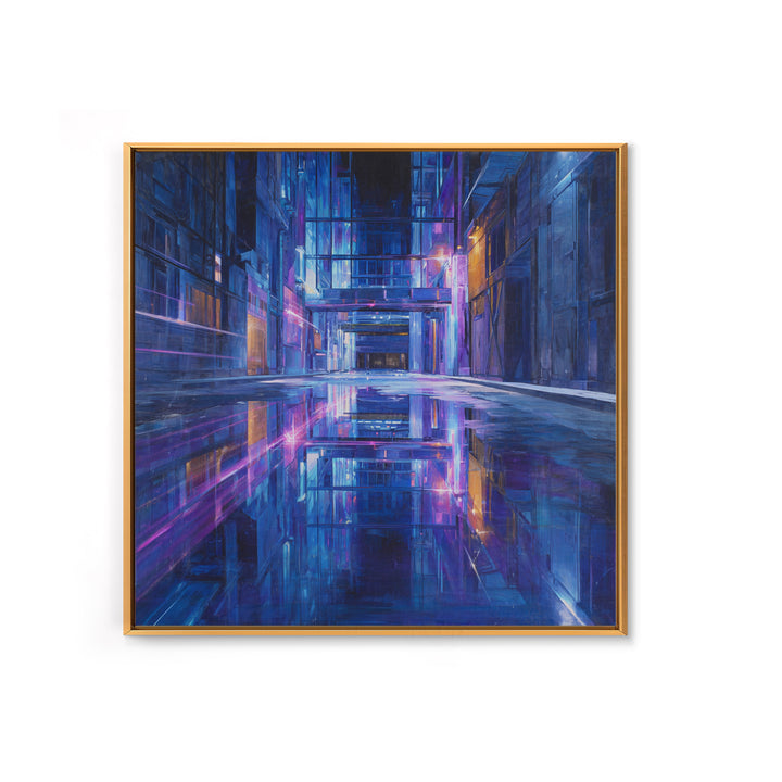 Rain Soaked Alley Framed Canvas Print, Cyberpunk Art, Fine Art Print, Living Room Decor, Abstract Art, Neon, Wall Decor, CYB-1x1-80