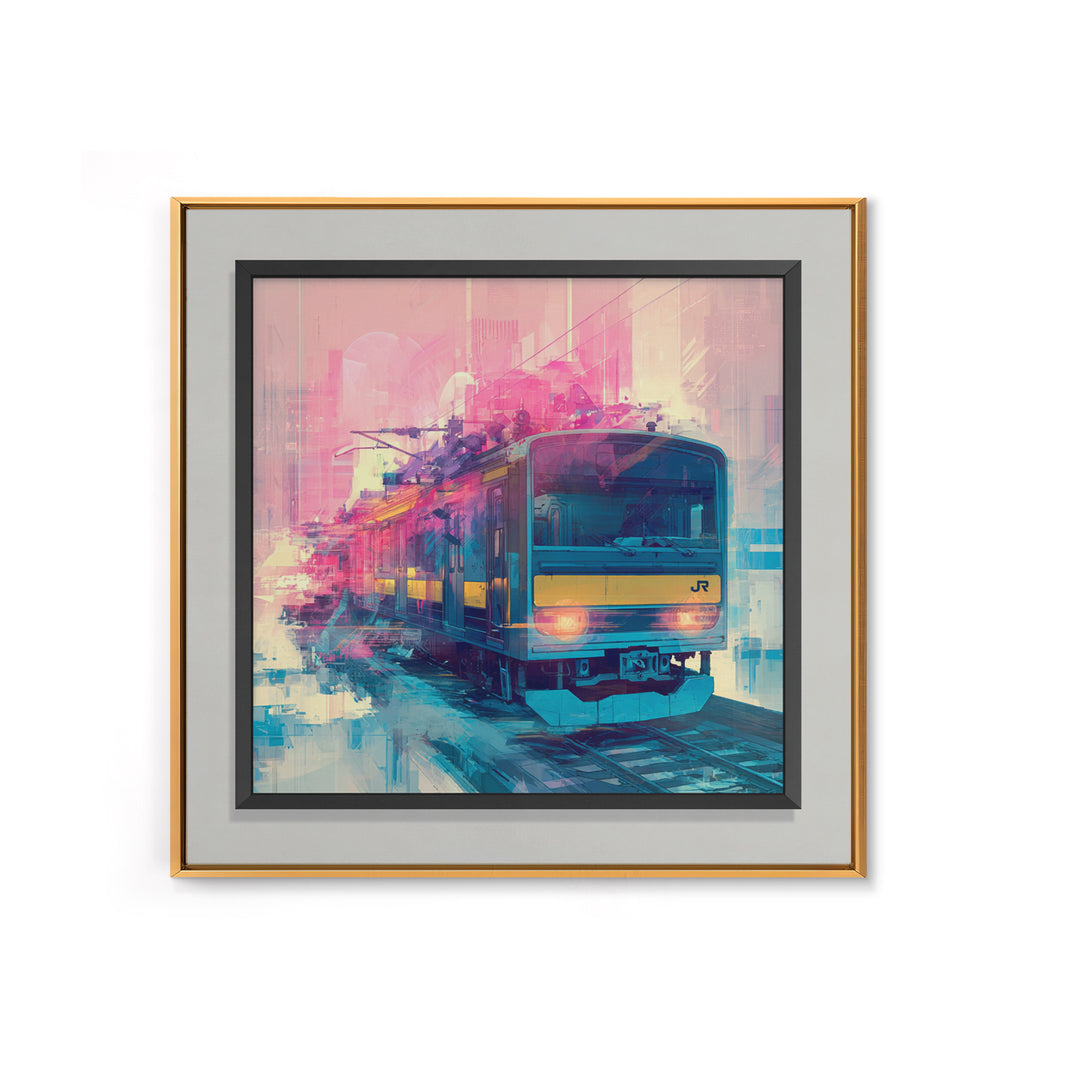 City Train Rushing Through Pink Electric Haze Canvas Print, Cyberpunk Art, Minimalist Decor, Living Room Decor, Fine Art, Neon, CYB-1x1-85