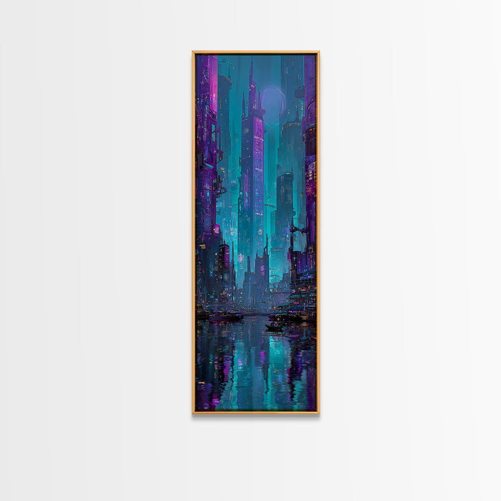 Futuristic City Skyline Canvas Print, Cyberpunk Art, Gallery Decor, Living Room Decor, Fine Art, Neon, Wall Art, Home Decor, CYB-1x3-14