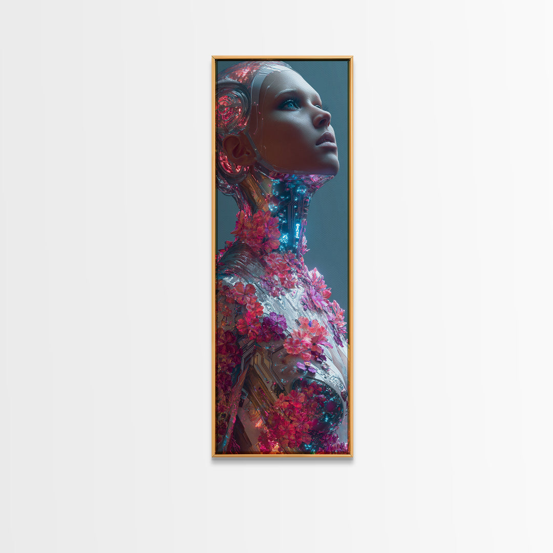 Android Woman with Glowing Circuitry and Flowers Framed Canvas Print, Cyberpunk Art, Canvas Wall Art, Living Room Decor, Neon, CYB-1x3-15