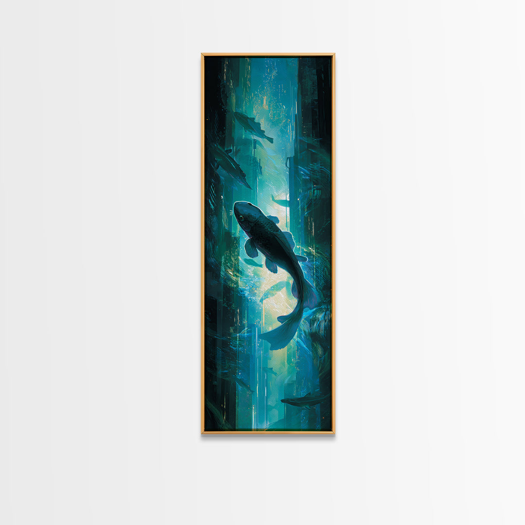 Cyberpunk Koi Swimming Through Electric Blue Water Canvas Print, Cyberpunk Art, Poster, Living Room Decor, Fine Art, Neon, CYB-1x3-17