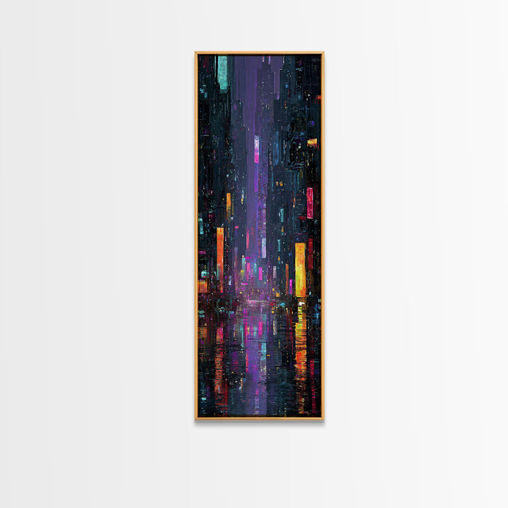 Neon Skyline Reflected Framed Canvas Print, Cyberpunk Art, Modern Wall Decor, Living Room Decor, Abstract Art, Neon, CYB-1x3-34