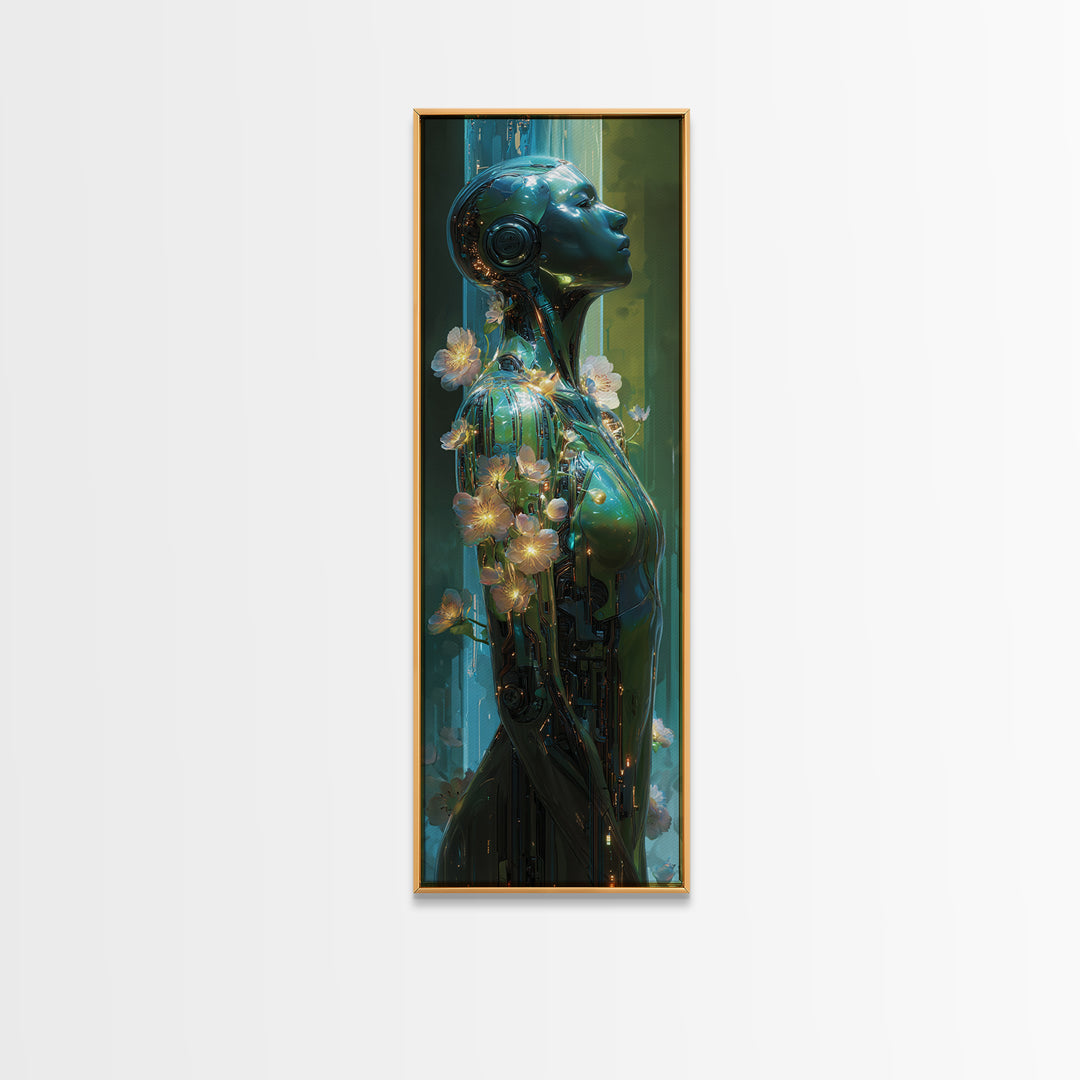 Android Woman with Glowing Circuitry and Flowers Canvas Print, Cyberpunk Art, Blue Wall Art, Living Room Decor, Oil Painting, CYB-1x3-39
