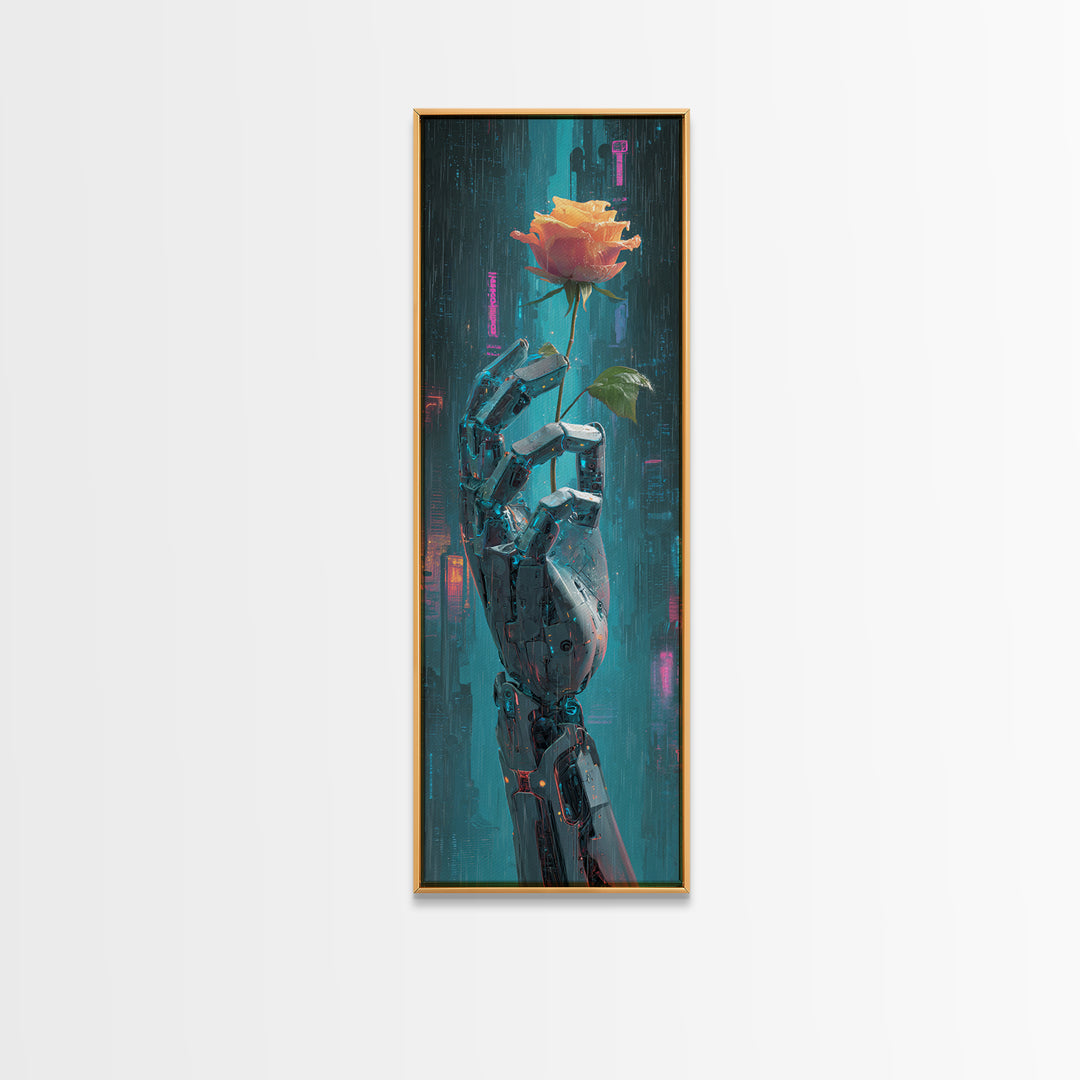 Robotic Hand Holding a Real Rose Framed Canvas Print, Cyberpunk Art, Minimalist Decor, Living Room Decor, Fine Art, Neon, CYB-1x3-4