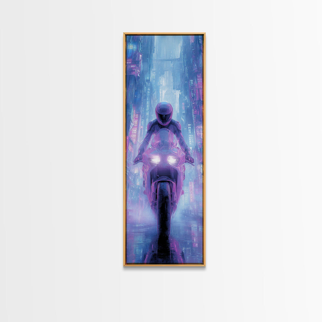 Motorcycle Rider under Holographic Signs Canvas Print, Cyberpunk Art, Abstract Art, Living Room Decor, Fine Art, Neon, CYB-1x3-40