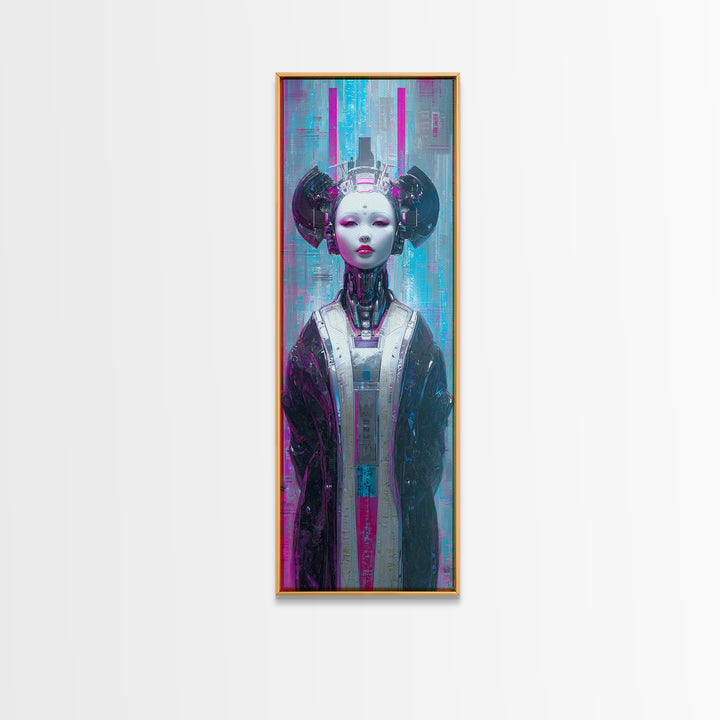 Robot Geisha Portrait Canvas Print, Cyberpunk Art, Cool Wall Art, Living Room Decor, Neon, Gallery Decor, Neutral Decor, CYB-1x3-43