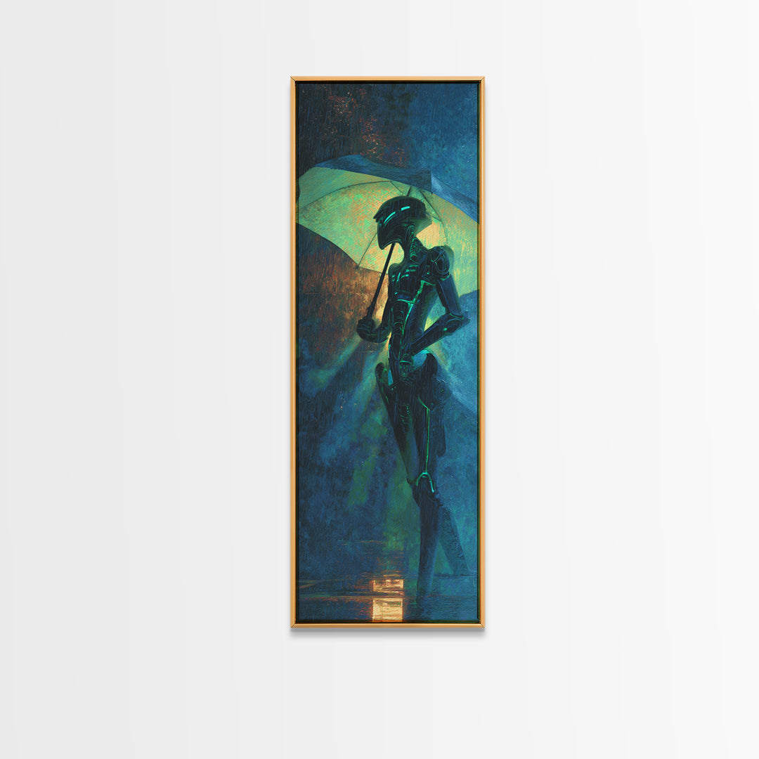 Glowing Umbrella Figure Canvas Print, Cyberpunk Art, Cyberpunk Helmet, Living Room Decor, Fine Art, Neon, Textured Painting, CYB-1x3-51