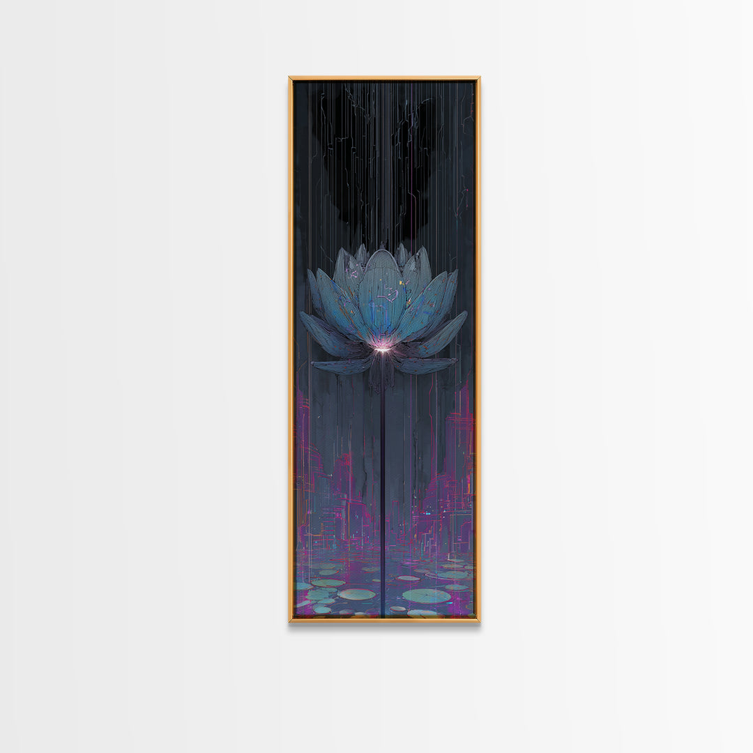 Electric Lotus Flower Framed Canvas Print, Cyberpunk Art, Textured Painting, Living Room Decor, Neon, Digital Wall Art, CYB-1x3-53