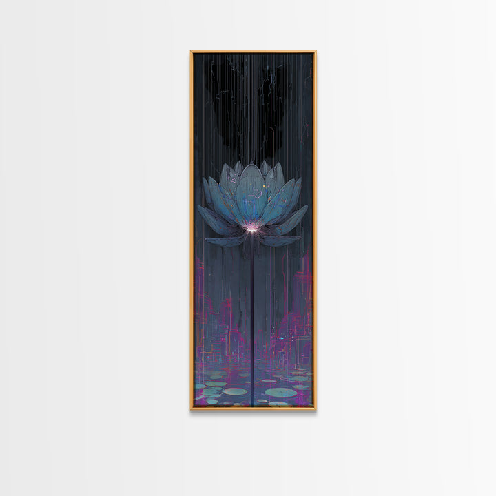 Electric Lotus Flower Framed Canvas Print, Cyberpunk Art, Textured Painting, Living Room Decor, Neon, Digital Wall Art, CYB-1x3-53